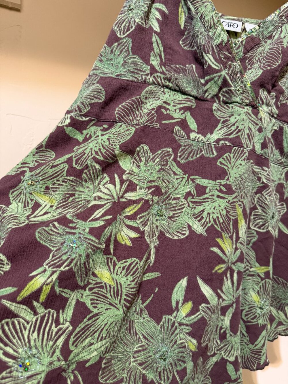 Y2K Cato Brown Green Floral Sequin Empire Waist Tank Top L - Picture 7 of 10